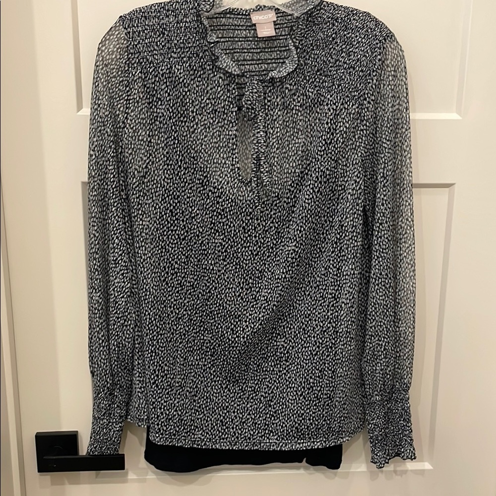 Chico's Black and White Ruffled Bib Collar Blouse